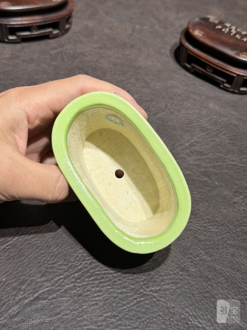 十八世纪 秋葵绿釉菖蒲盆一对（原配红木底座） - 图16